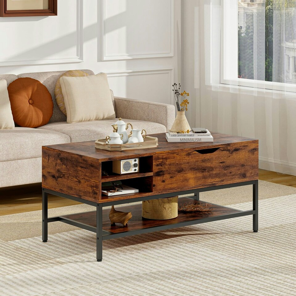image 1 of COSTWAY Lift Top Coffee Table w/ Storage Shelf Coffee Brown