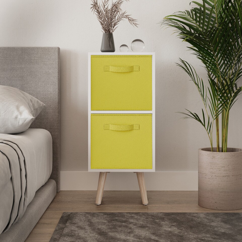 image 1 of White 2-Tier 2-Drawer Cube Shelving Unit with Scandinavian Legs | Yellow | Yellow & Pine | 1