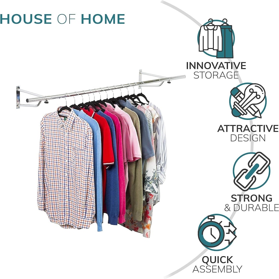 image 1 of House of Home 4ft Clothes Rail Black Wall Mounted Garment Hanging Wardrobe Rack Storage