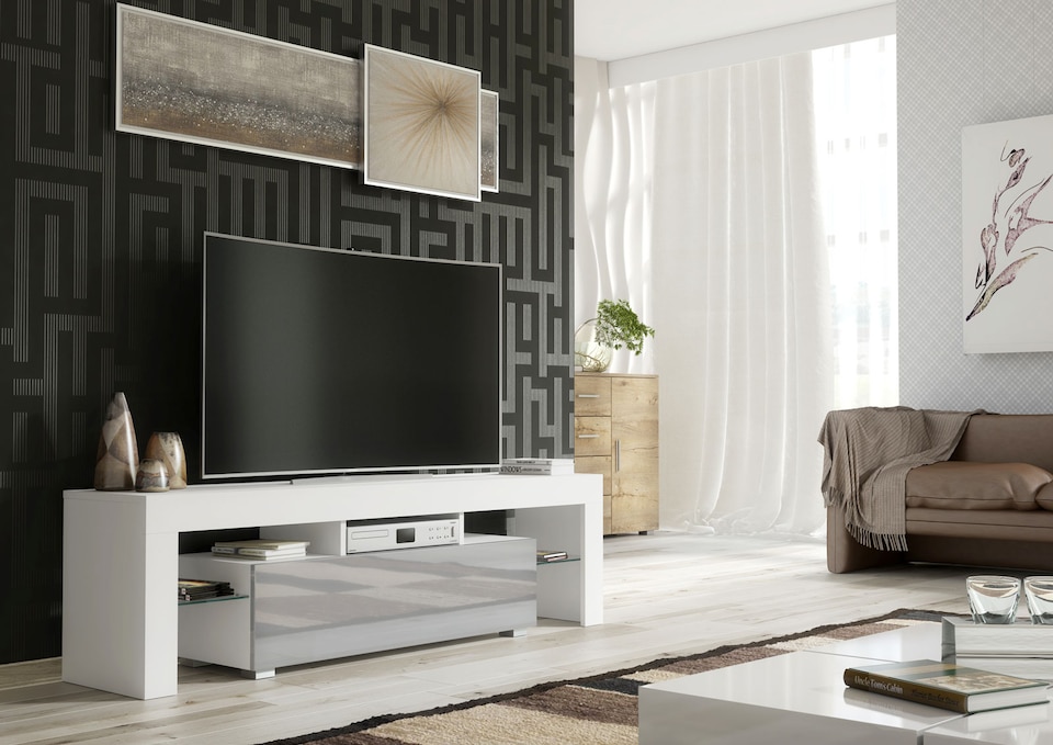 image 1 of TV Unit TV Stand Cabinet White Grey Gloss Sideboard Media Console Storage 160cm