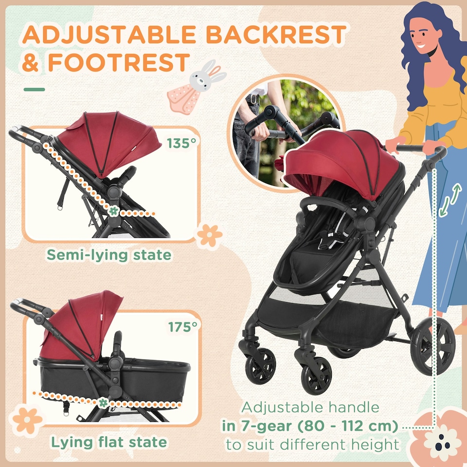 image 1 of HOMCOM 2 in 1 Pushchair Stroller w/ Reversible Seat Single Hand Foldable Red