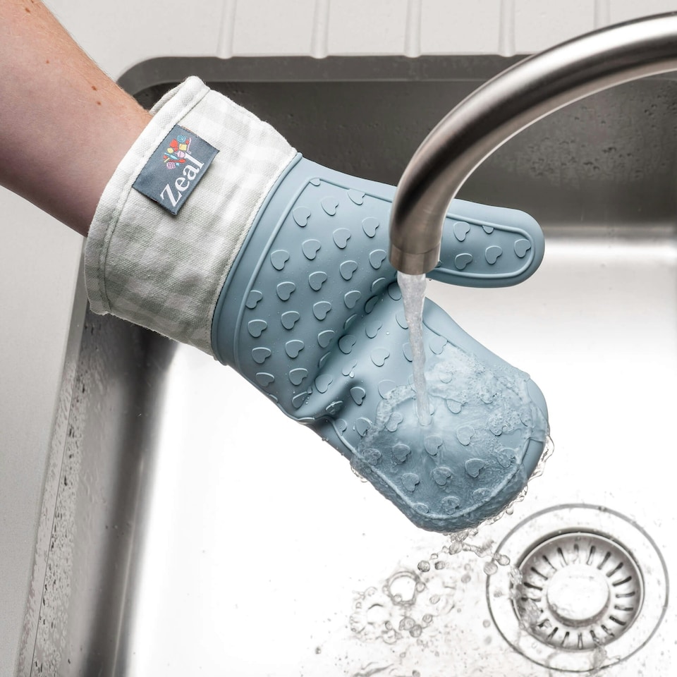 image 1 of Steam Stop™ Silicone Single Oven Glove, Gingham | Blue | Duck Egg Blue