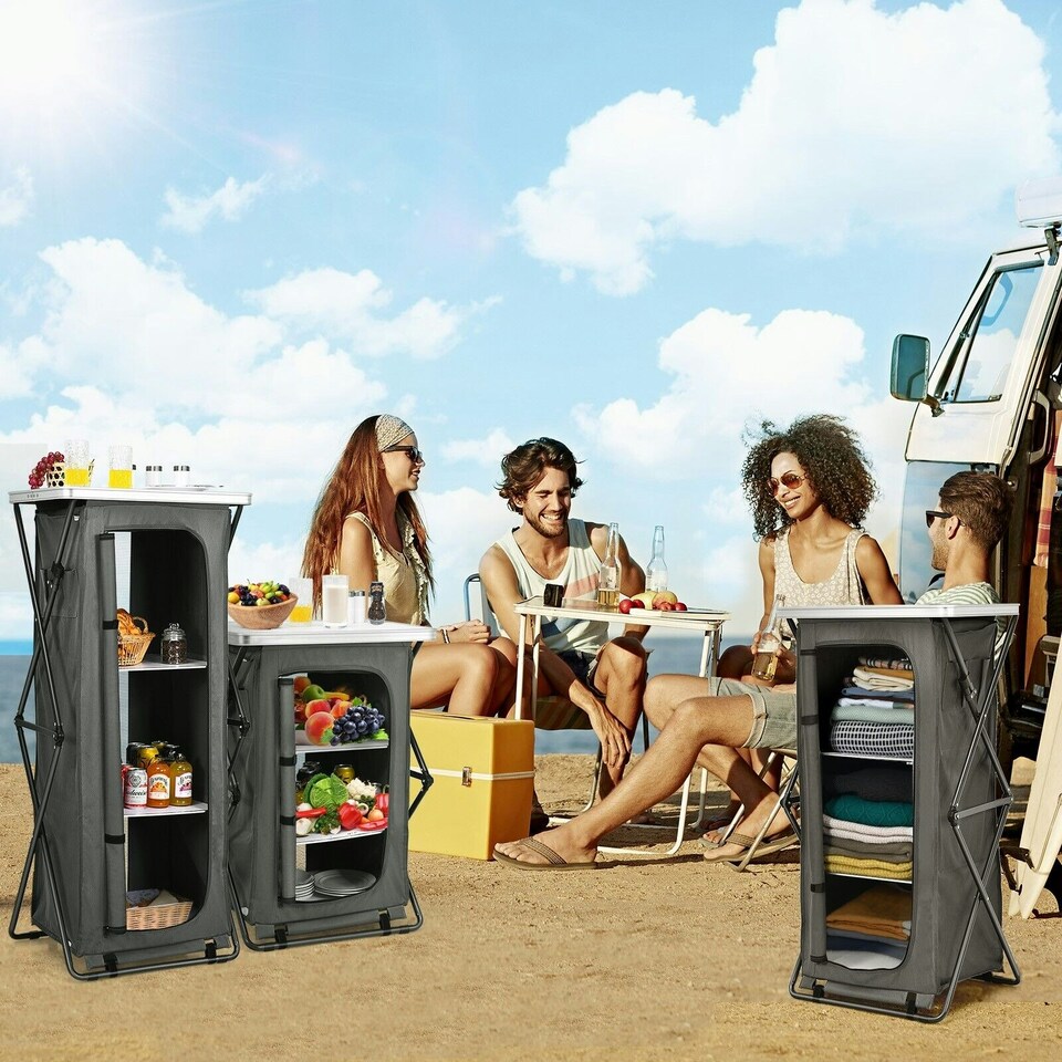 image 1 of COSTWAY 3 Tier Folding Cupboard 139cm Camping Storage Table Grey