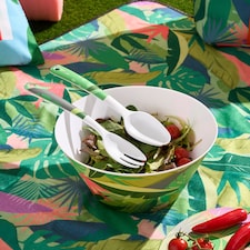 OHS Summer Print Plastic Picnic Salad Bowl Utensil Set Lightweight | Green | Colourful Palm