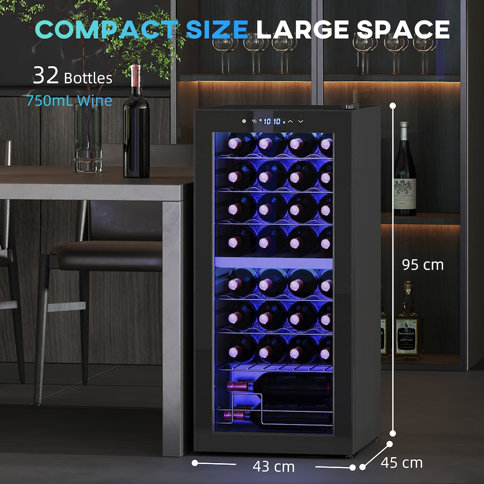 image 1 of HOMCOM 86L Undercounter Wine Cooler Fridge with LED Light 32 Bottles