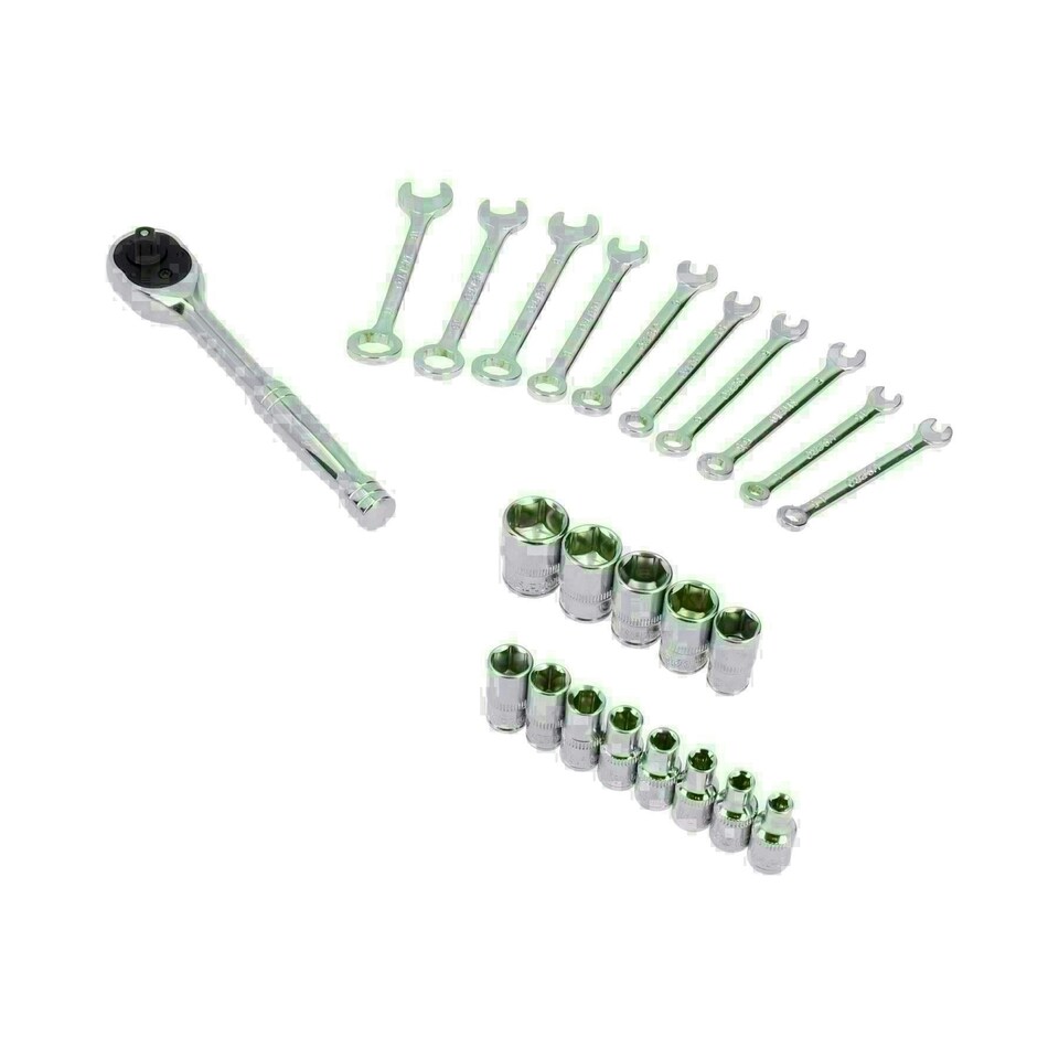 image 1 of Metric 1/4in Drive Sockets 4 - 14mm + 10pc Spanners 4 - 11mm + 1/4in Ratchet