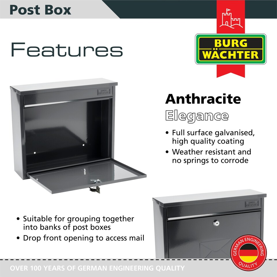 image 1 of Burg-Wachter Elegance Wall Mounted Galvanised Stell Lockable Weatherproof Ppost Box - 36x31x11cm N/A | Anthracite