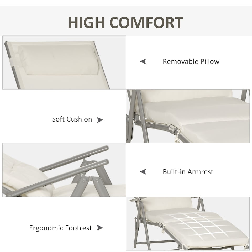image 1 of Outsunny Sun Lounger Recliner Foldable Padded Seat Adjustable Texteline White | Cream