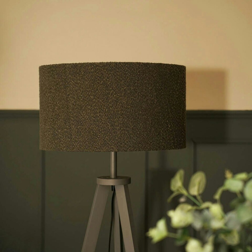 image 1 of ValueLights Morrigan Grey Wood Tripod Floor Lamp Boucle Shade & Bulb Grey