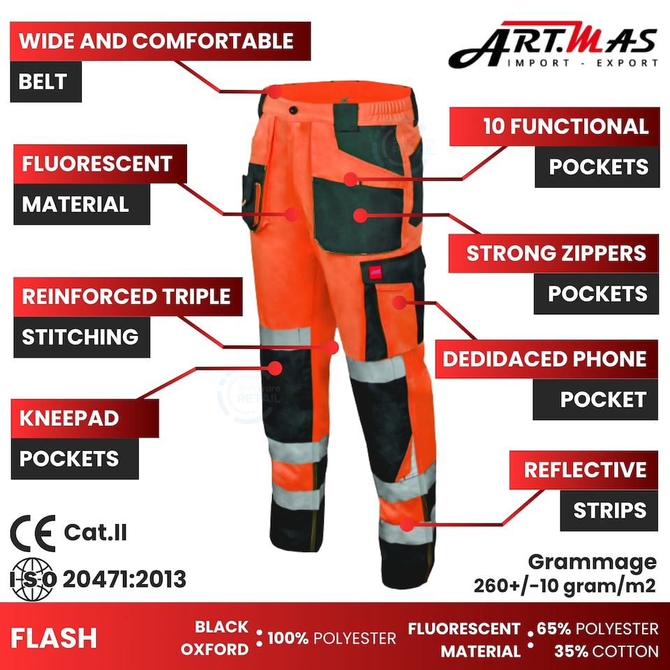 image 1 of Artmas Flash Orange High-Visibility Work Trousers with 2 Knee Pads, Class 2, 260gsm (28/30 Inch - 46 EU)