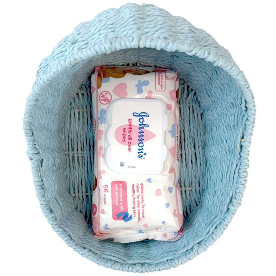 image 1 of Baby Boy Gift Hamper Kit - Blue Bassinet Basket (25cm) with Cream Gift Wrap Accessories