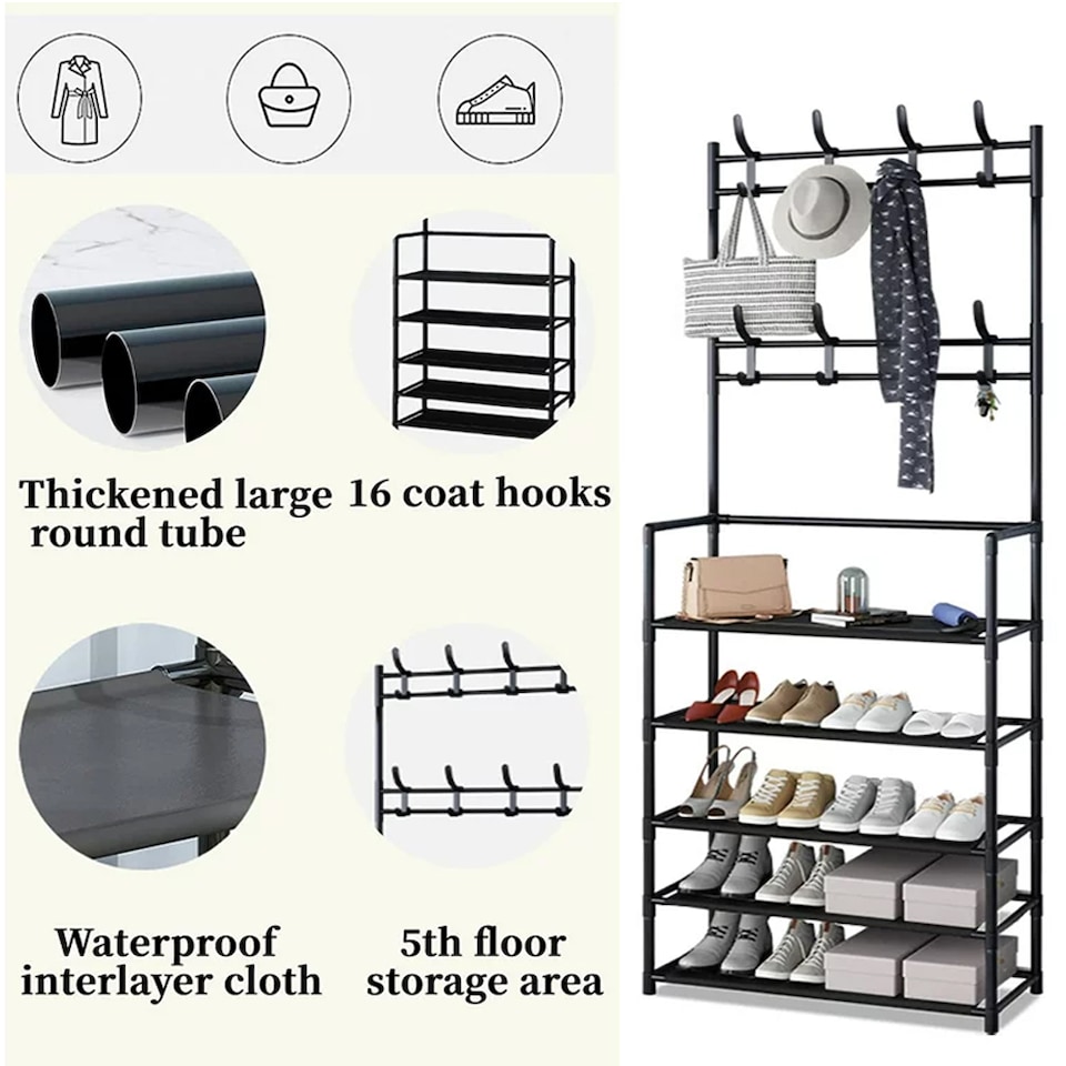 image 1 of Living and Home 5-Tier Freestanding Coat Rack with Shelves - 60x175cm Black