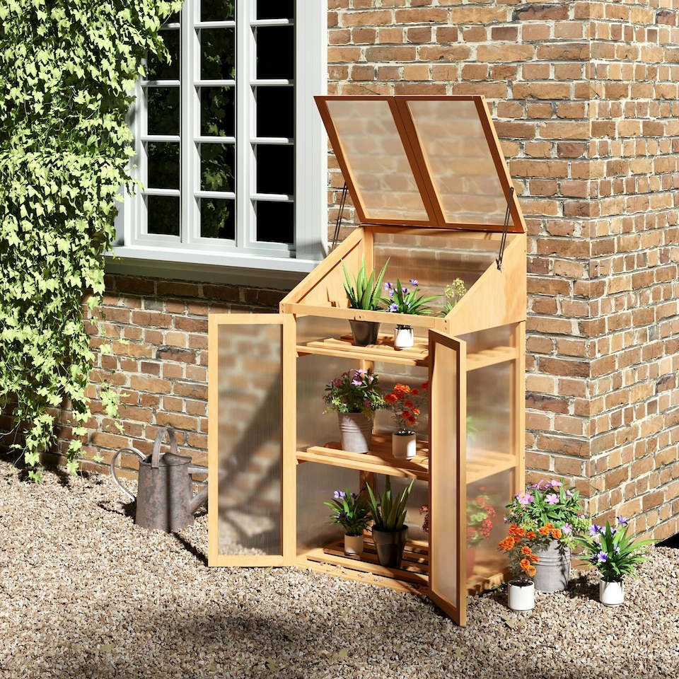 image 1 of Outsunny Wooden Greenhouse Cold Frame Grow House w/ Double Door for Flower Brown