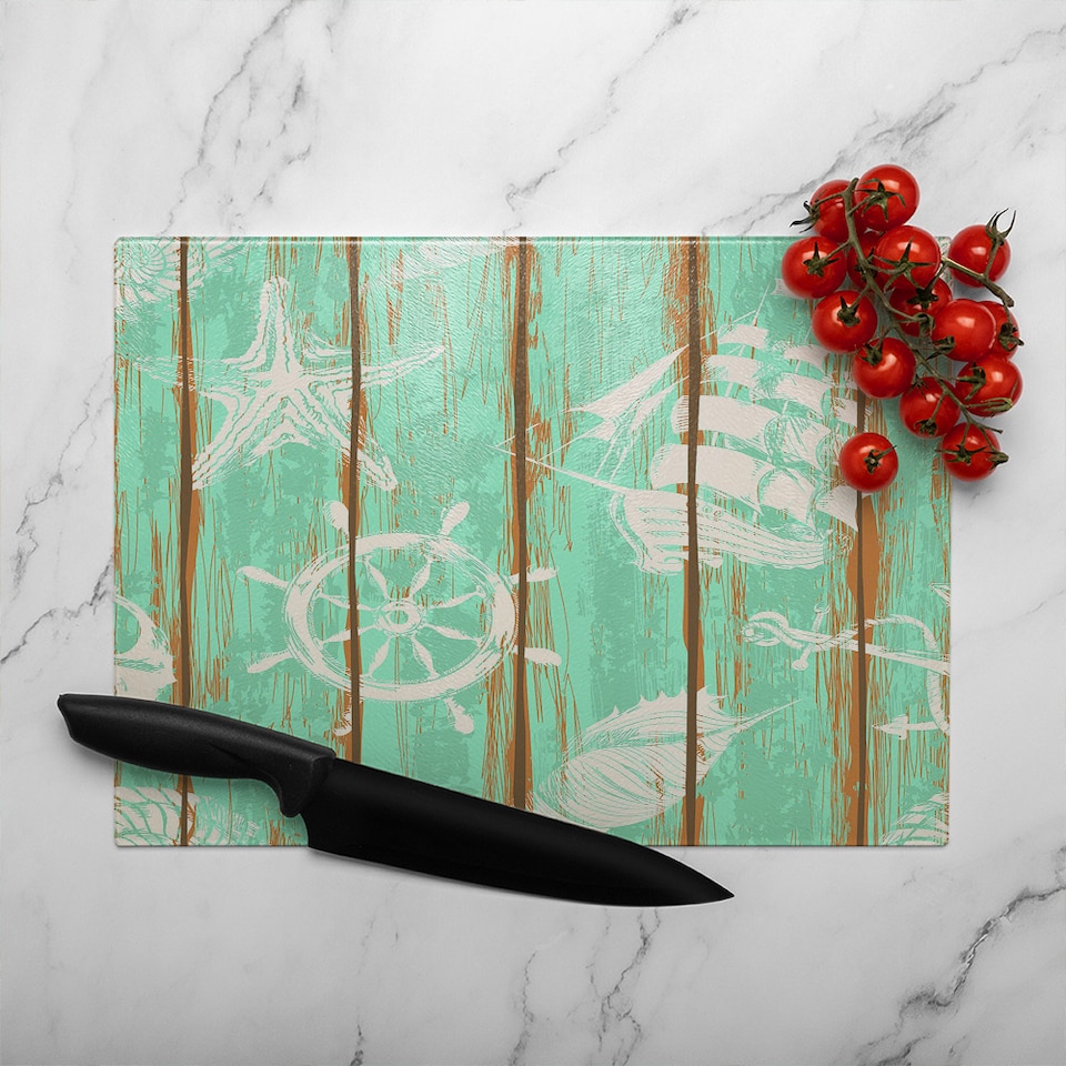 image 1 of Nautical Elements On Wood Glass Chopping Board | Multi