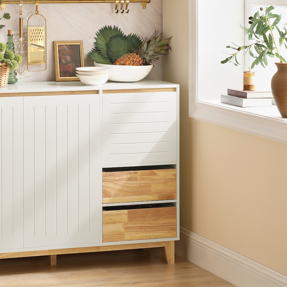 image 1 of SoBuy Low Sideboard with 2 Doors & 3 Drawers, White/Natural Wood, 47.2x15.7x35.4 inches, 27.1 kg - FSB75-WN