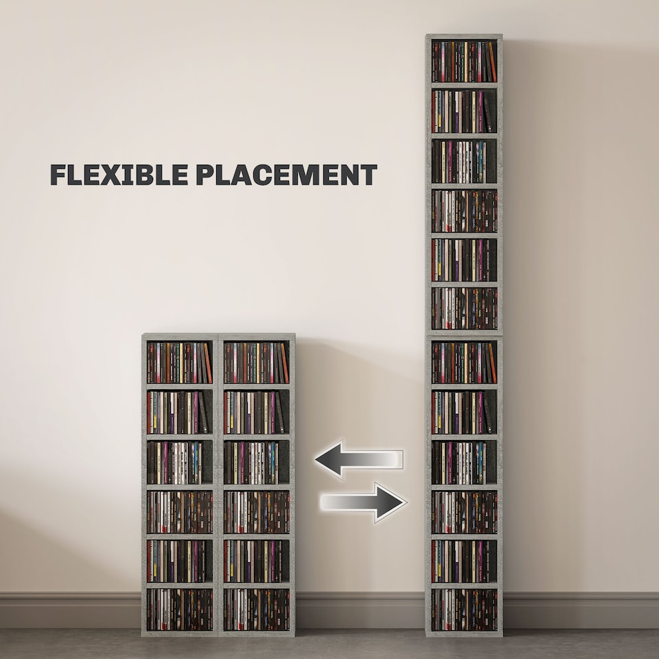 image 1 of HOMCOM 204 CD Media Display Shelf Unit Set of 2 Blu-Ray Tower Rack w  Adjustable Shelves Bookcase Storage Organiser, Cement Grey