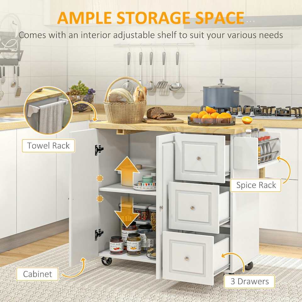 image 1 of HOMCOM Drop-Leaf Kitchen Island on Wheels Utility Storage Cart with Drawers