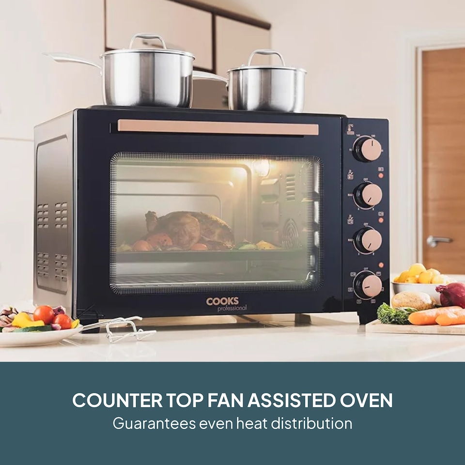 image 1 of Cooks Professional 48L Mini Portable Oven with 2 Ceramic Hobs - Electric Portable Countertop Cooker | Black | Black & Copper