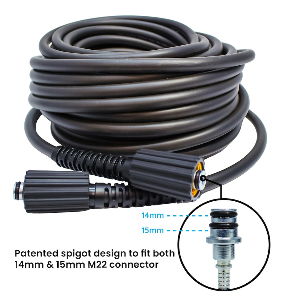 image 1 of M22 Female - M22 Female 14mm & 15mm "Stepped Spigot" Coupling Pressure Washer Hose (22mm) Black | 10m