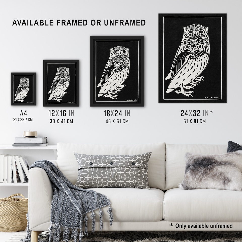 image 1 of Two Owls Vintage Animal Painting Vintage Wall Art Print Graag 18x24"
