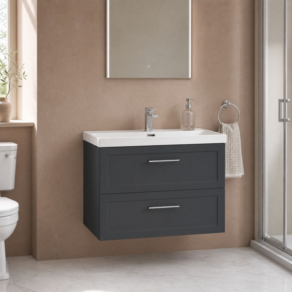 image 1 of Stonnall Traditional Wall Hung 2 Drawers Vanity Unit with Thin-Edge Ceramic Basin, 800mm, Dark Grey