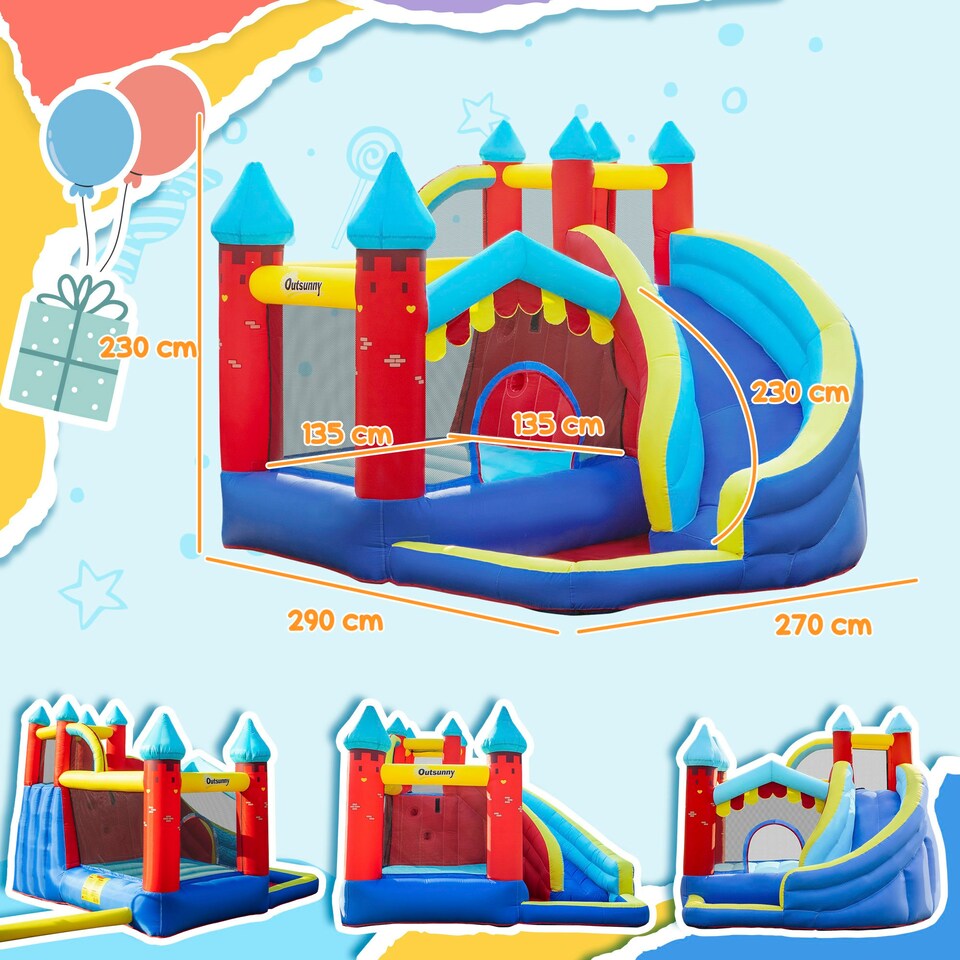 image 1 of Outsunny Kids Bouncy Castle w/ Slide, Pool, Trampoline, Climbing Wall, Blower