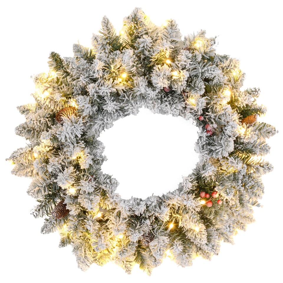 image 1 of HOMCOM 60cm Flocked Christmas Wreath with Lights Pine Cones Berries Green
