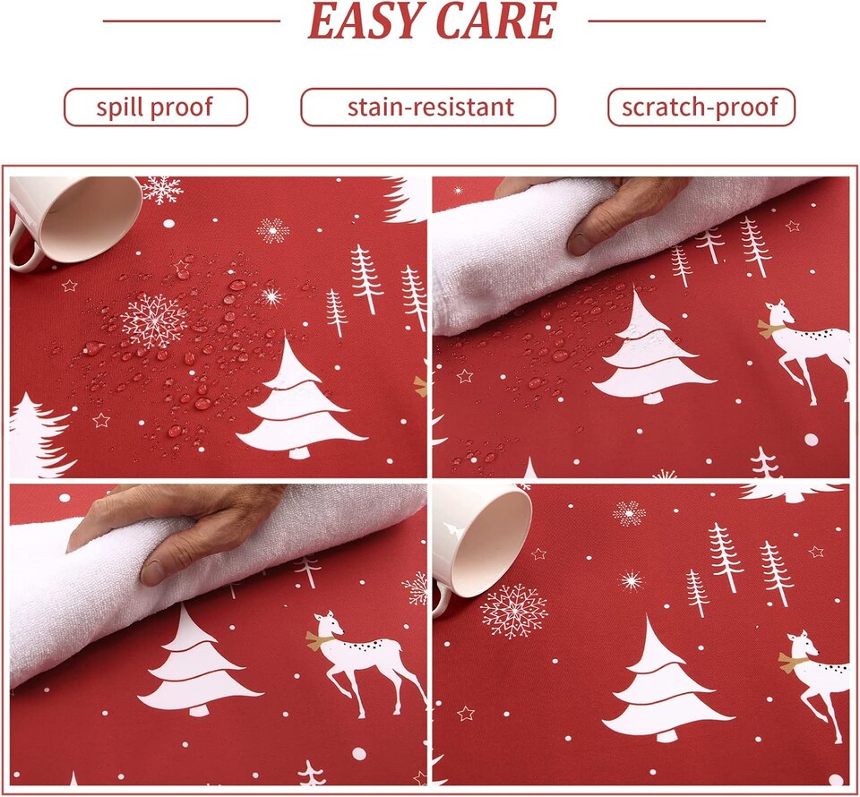 image 1 of London Boutique Christmas Tablecloth, Waterproof Spill‑Proof, Reindeer and Tree Print, Red, 54 x 54 in