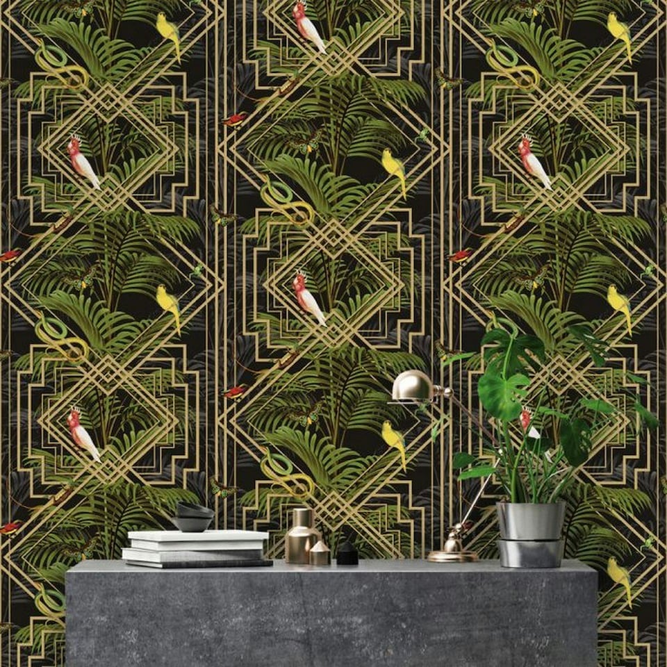 image 1 of Holden Décor Congo Geometric Wallpaper - Black/Green - 10m x 53cm Black