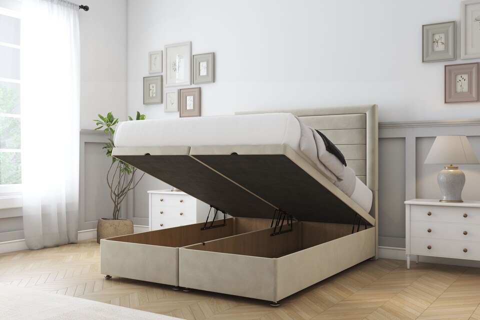 image 1 of Sloomy Ashford Cream Plush Ottoman Bed Base With 26" Strutted Headboard 5' King | Cream | Cream | King | 1