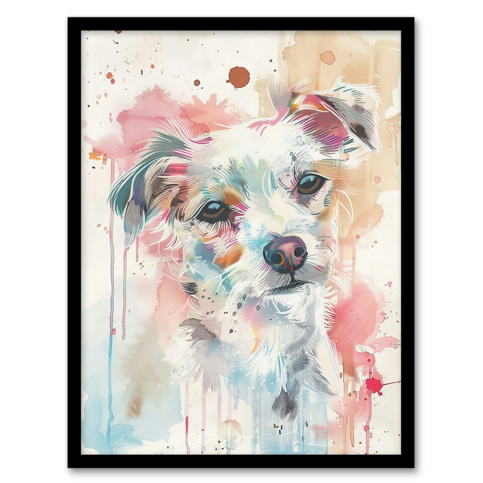 image 1 of Dog Lover Watercolour Portrait Pink Light Black Framed Wall Art Print A4