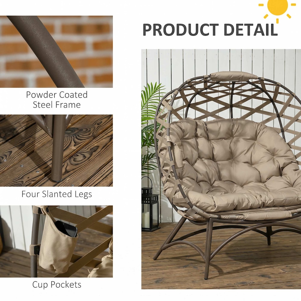 image 1 of Outsunny 2 Seater Egg Chair Outdoor with Cushion, Cup Pockets - Khaki