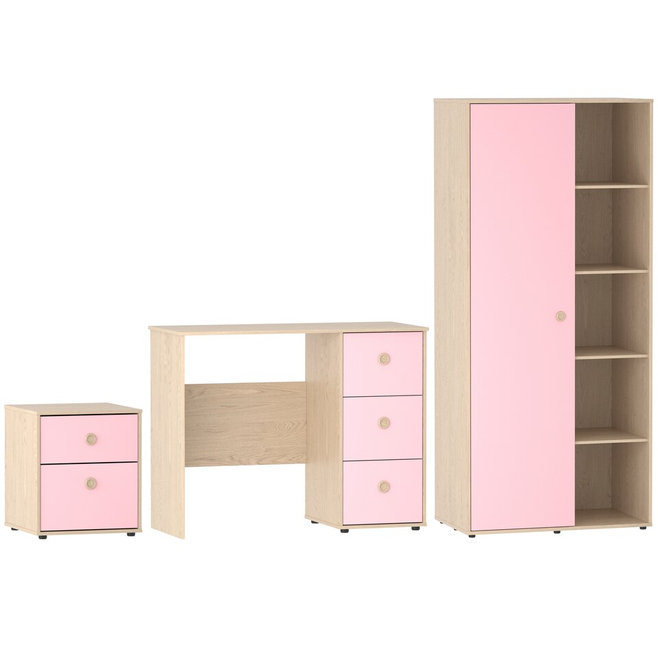 image 1 of Junior Vida Neptune 3 Piece Bedroom Set, Pink & Oak (Desk, Bedside Table, Wardrobe) | Pink | Pink | L | 3