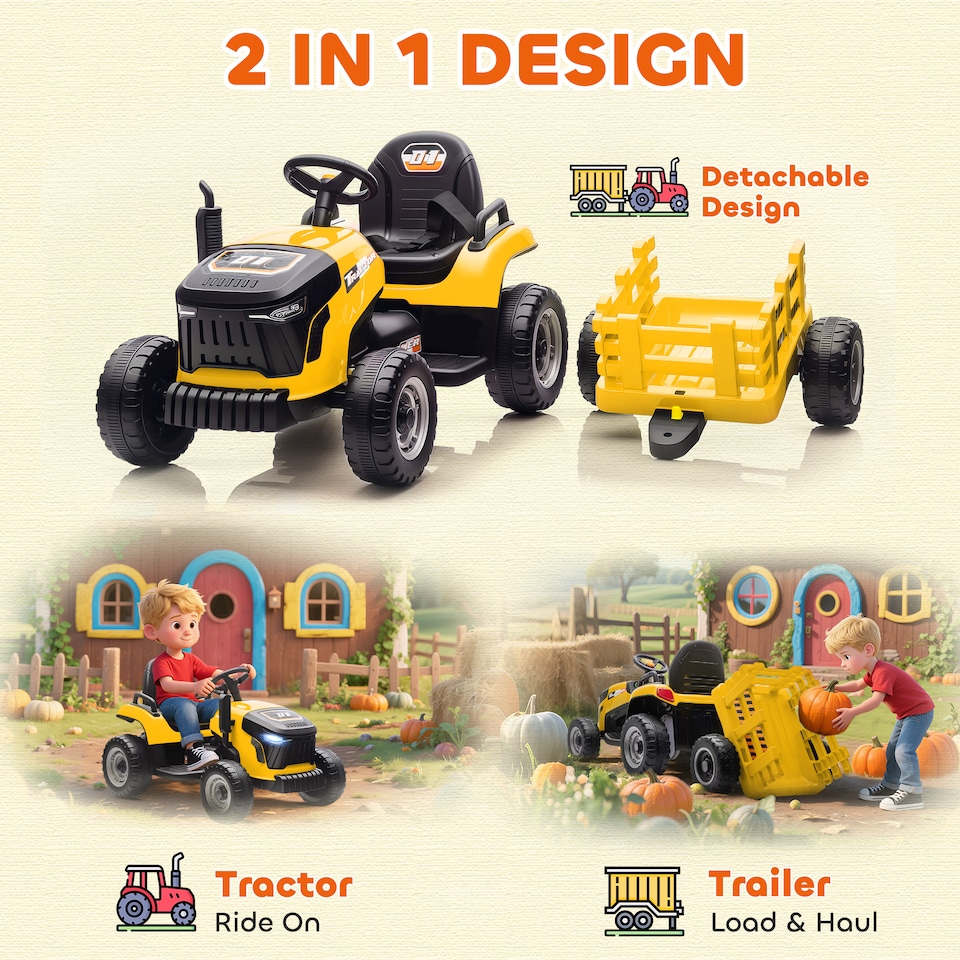 image 1 of AIYAPLAY Ride on Tractor and Trailer, 12V Electric Ride on Tractor, Yellow