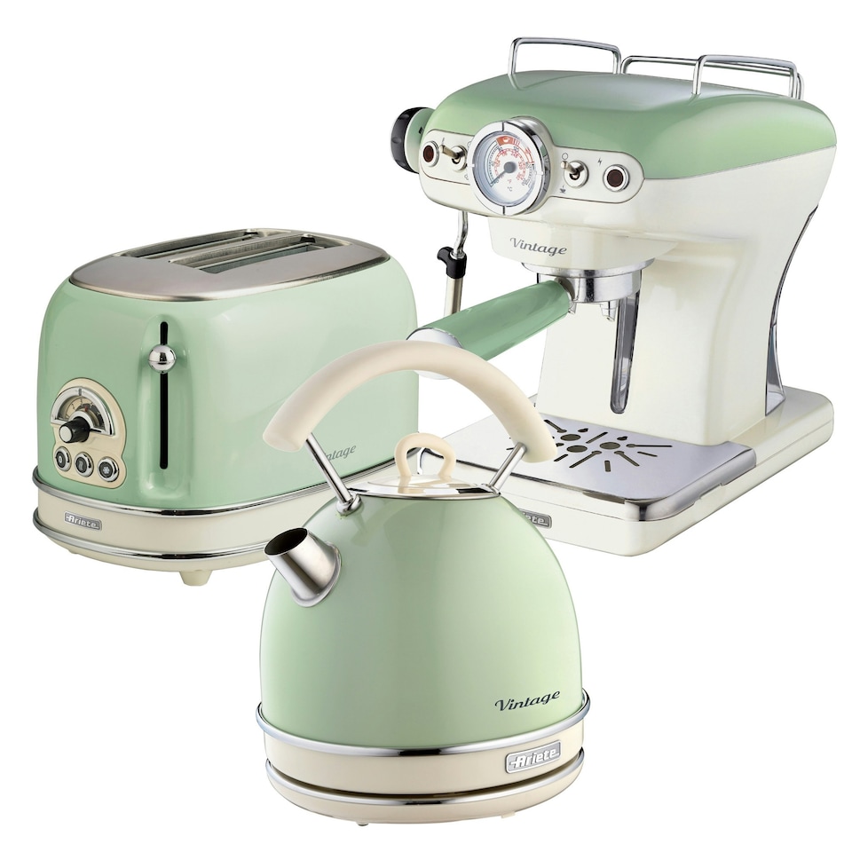 image 1 of Ariete ARPK17 Vintage Retro Dome Kettle, Toaster & Espresso Coffee Machine Set, Green