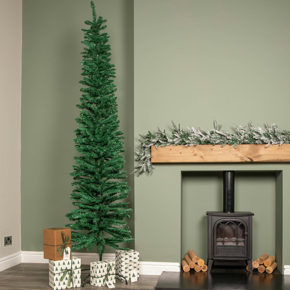 image 1 of 8ft (2.4m) Green Artificial Pencil Christmas Tree With Green Metal Stand and 460 Tips