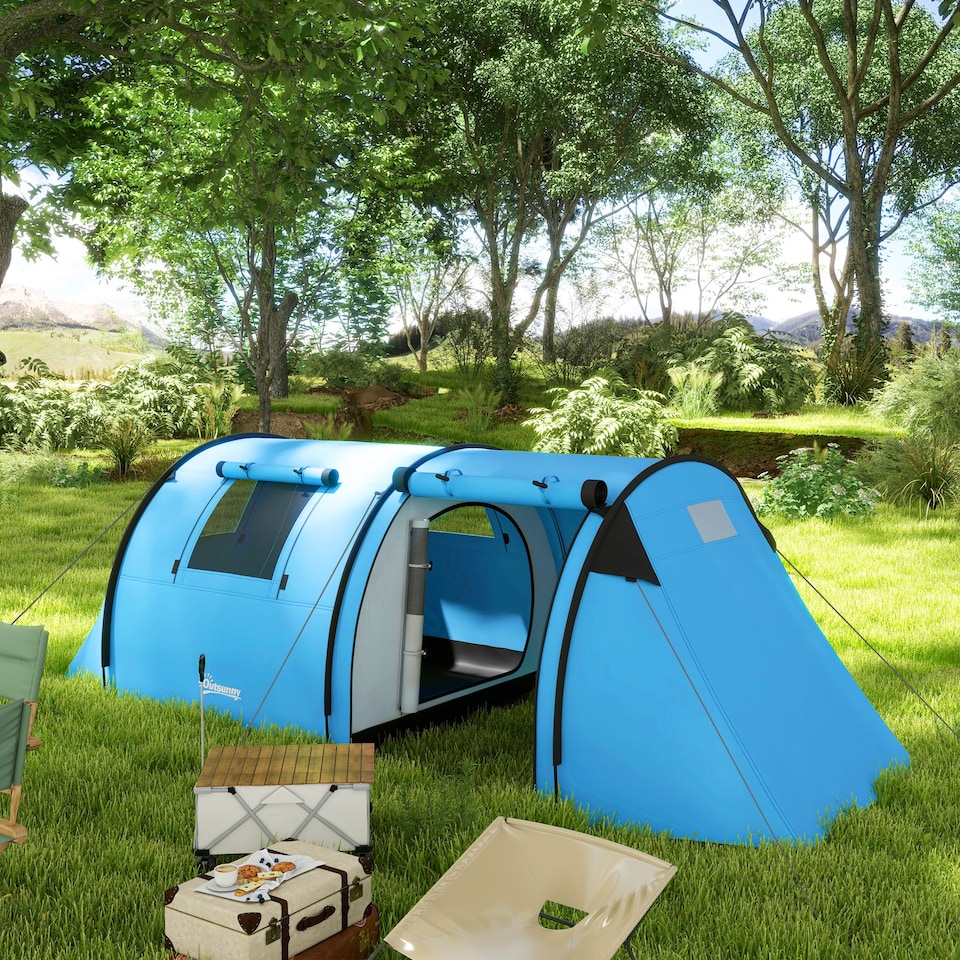 image 1 of Outsunny 2 Room Camping Family Tent for 3-4 Man, 3000mm Waterproof, Green