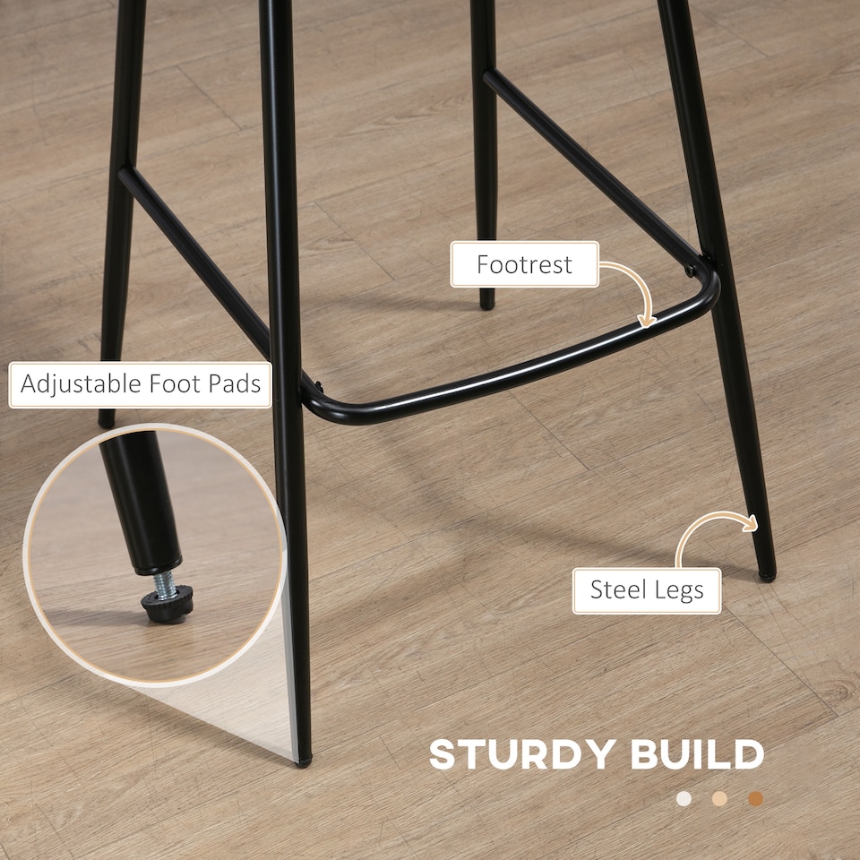 image 1 of HOMCOM Bar Stools Set of 2, PU Leather Upholstered Bar Chairs, Breakfast Kitchen Counter Chairs with Backs, Steel Legs and Footrests for Dining Room, Brown