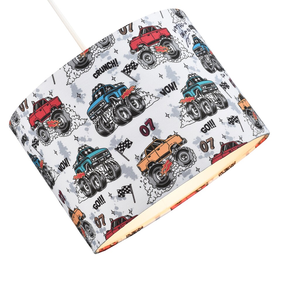 image 1 of Modern and Colourful Monster Trucks Kids Cotton Fabric Drum Lamp Shade - 25cm | Multi | 10"