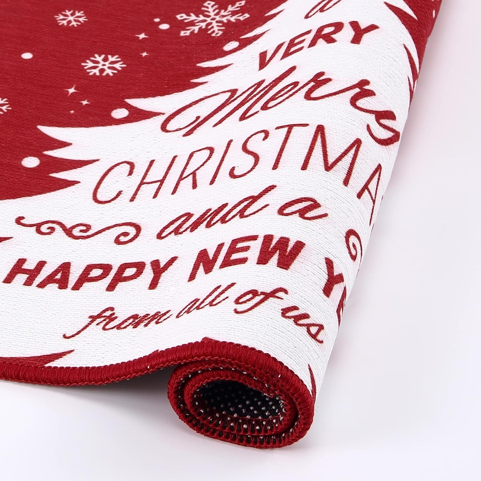 image 1 of London Boutique Christmas Doormat with Christmas Tree and Snowflake Design, Non-Slip Washable Entrance Mat, Red, 40 x 80 cm