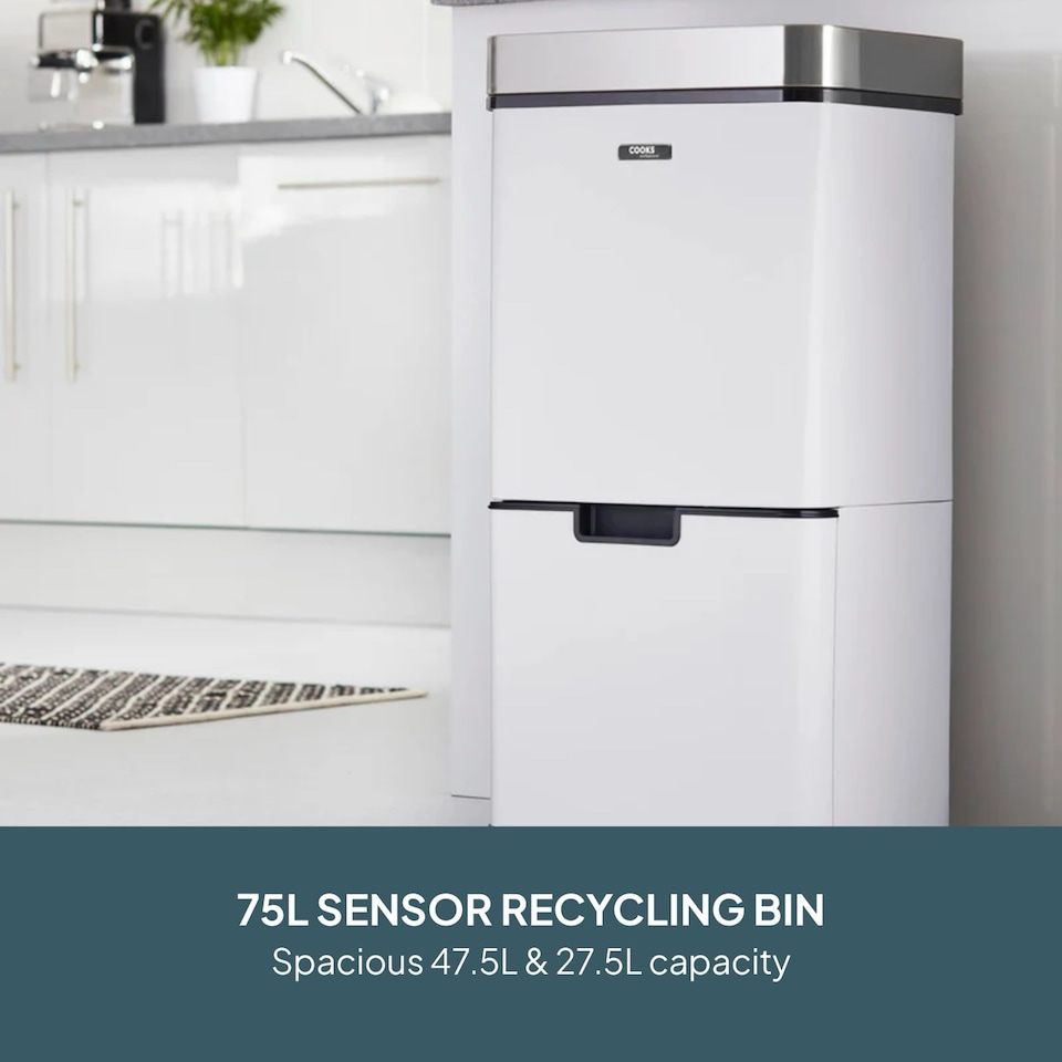 image 1 of Cooks Professional Recycling Sensor Bin 75L with Dual Compartments & Food Caddy | White | White & Silver