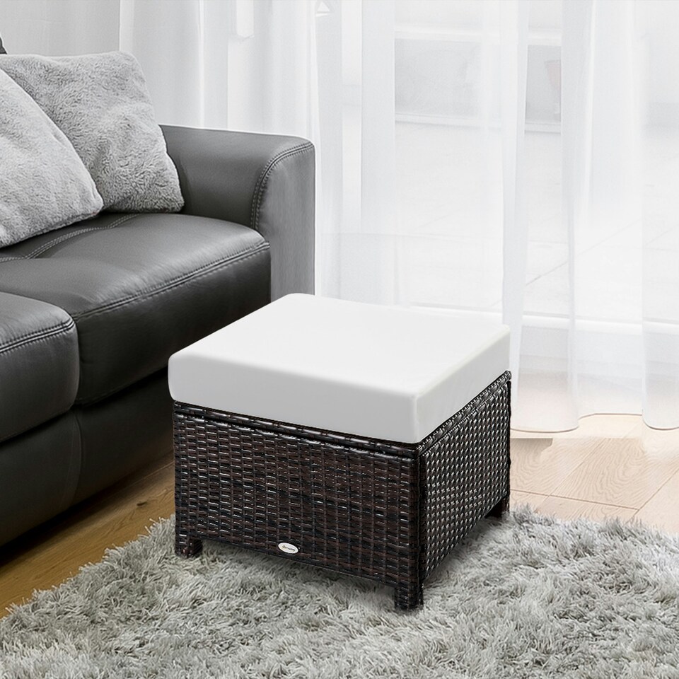 image 1 of Outsunny Rattan Footstool Wicker Ottoman w/ Padded Seat for Backyard Garden