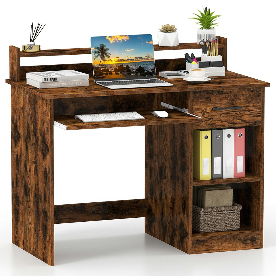 image 1 of COSTWAY Computer Desk Workstation w/Display Shelf Brown