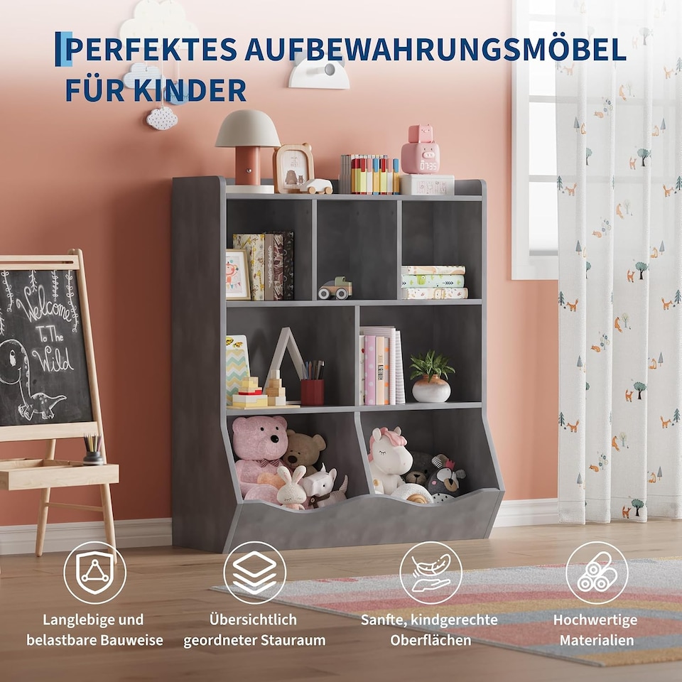 image 1 of London Boutique Kids 3-Tier Bookcase Toy Organiser 7-Compartment Cabinet 60x15.4x42.5"