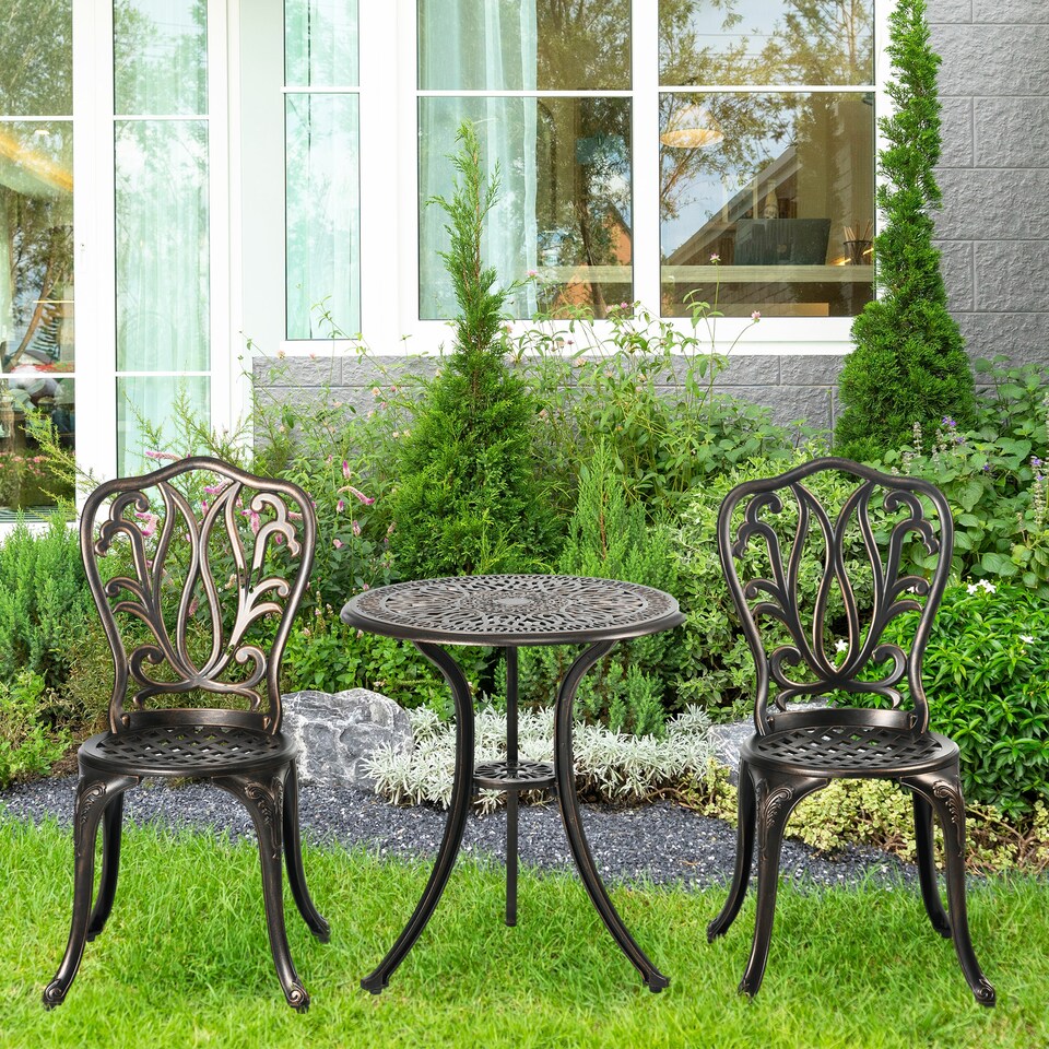 image 1 of Outsunny 3 Piece Garden Bistro Set, Cast Aluminium Outdoor Furniture Set with Umbrella Hole for Balcony, Porch, Patio, Bronze Tone