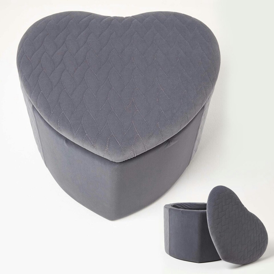 image 1 of Homescapes Arundel Heart-Shaped Velvet Footstool with Storage, Grey
