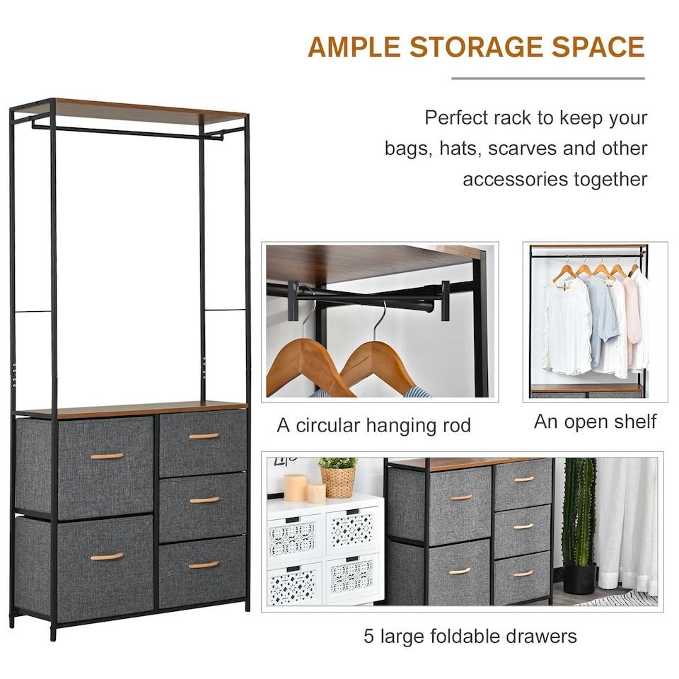 image 1 of HOMCOM Storage Coat Rack Hallway Bedroom Organiser Shelves w/ Hanger, 5 Drawer