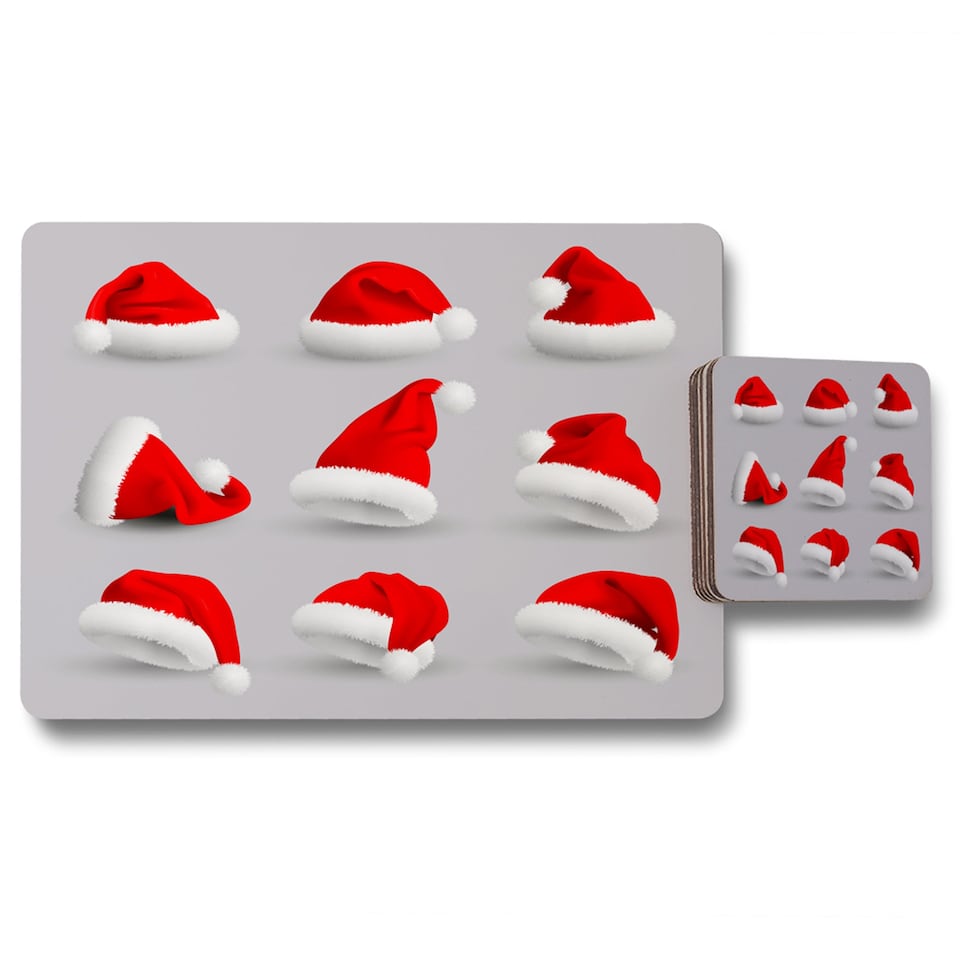collection of red santa claus hats placemat coaster set | Multi