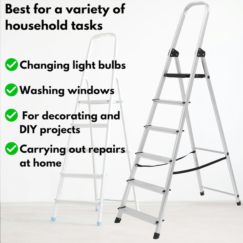image 1 of Lightweight Step Ladders - Compact Aluminium Stepladder with Non-Slip Wide Step, Portable Silver Color - Tall Folding Ladder with Platform Silver | 6 - Step 181 cm