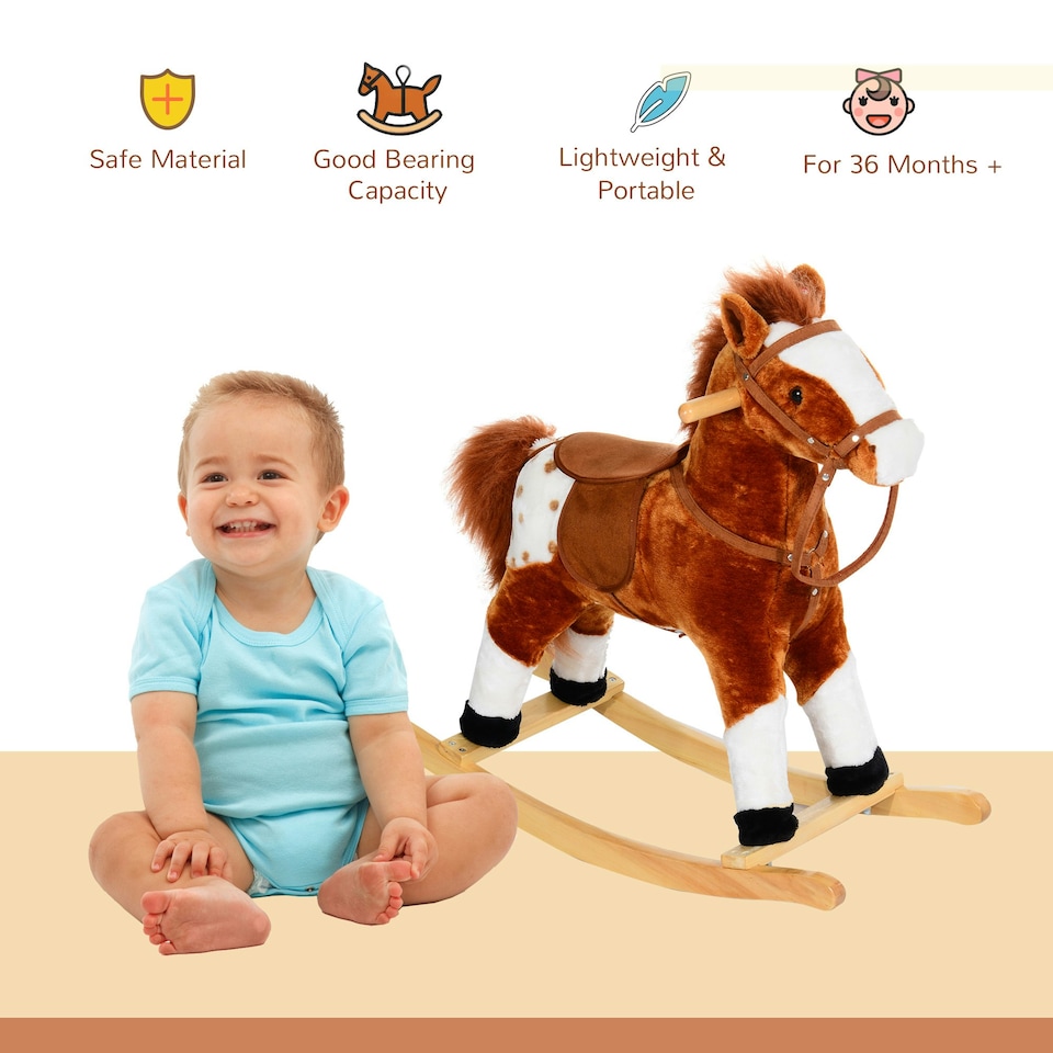 image 1 of HOMCOM Rocking Horse Toy Plush Wood Pony Riding Rocker Neigh Sound Brown